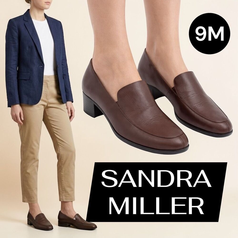 Sandra Miller Women's Maiah Leather Block Heel Slip-On Loafer Brown Size 9M
